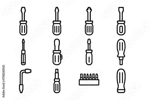 Screwdriver Icon Set. Screwdrivers Set linear icon set: flathead screwdriver, Phillips screwdriver, Torx driver, hex driver, precision screwdriver, ratcheting screwdriver,