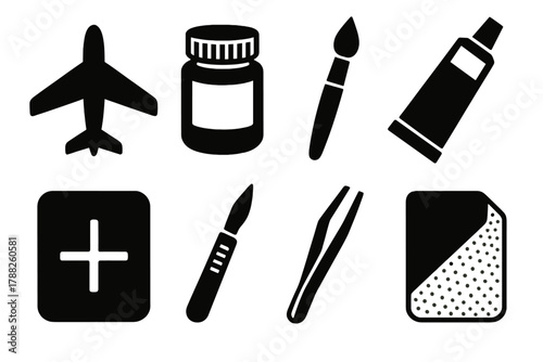 Brutalist Model Tools. Scale Model Set silhouette icon set: airplane model, paint jar, brush, glue tube, cutting board, scalpel, tweezers, sandpaper.