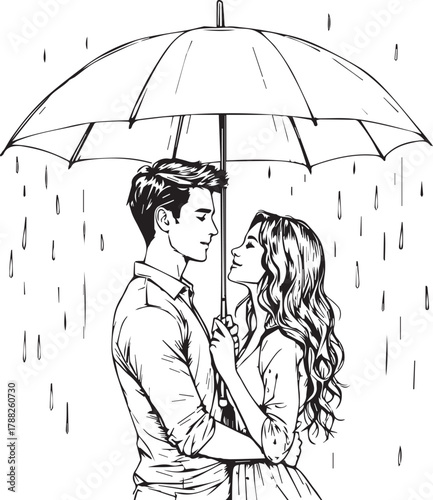 Couple standing under umbrella in rain sharing intimate moment illustrated in black and white sketch style