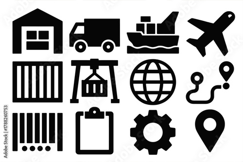 Brutalist Logistics Icons. Logistics Hub silhouette icon set: warehouse, truck, cargo ship, airplane, container, crane, globe, route line, barcode, clipboard, gear, map pin.