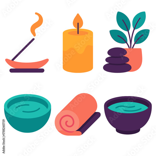Zen Spa Icons. Relaxing Ambience flat icons: Incense, Candle, Pebbles, Plant, Water Bowl, Towel.