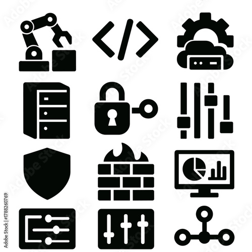 Brutalist CI_CD Icons. CI/CD Automation silhouette icon set: build icon, code brackets, cloud server, automation gear, server tower, secure connection, data stream, dashboard