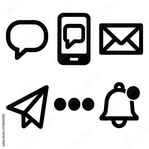Digital Messaging Icons. Digital Messaging silhouette icon set: chat bubble, smartphone message icon, email envelope, paper plane send icon, typing indicator, notification bell.