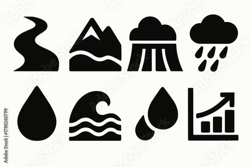 Bold Hydrology Icons. Hydrology silhouette icon set: river, mountain, cloud, rain, dam, droplet, wave, chart.