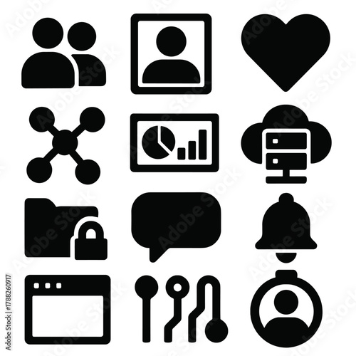 Brutalist Icon Set. User Community silhouette icon set: people icons, user profile, heart symbol, cloud server, connection lines, dashboard panel, chat bubble, notification bell,