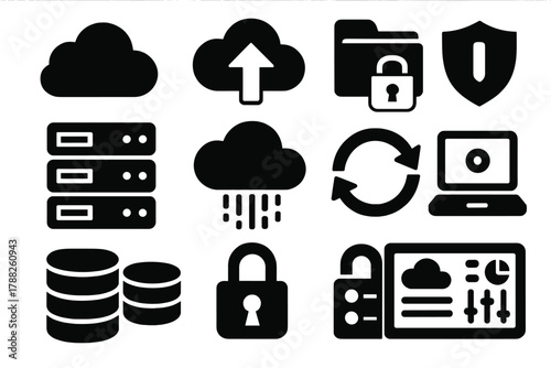 Brutalist Cloud Icons. Cloud Backup silhouette icon set: cloud icon, upload arrow, secure folder, server rack, data stream, shield symbol, backup drive, refresh arrows, secure