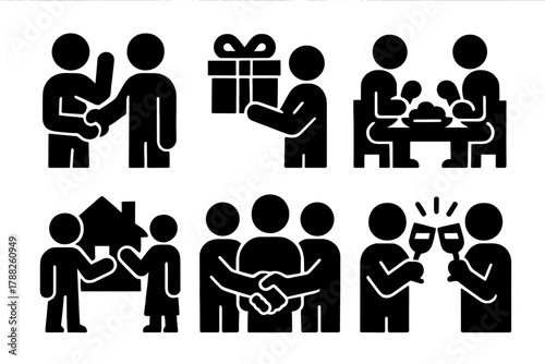 Bold Social Icons. Social Customs silhouette icon set: greeting gesture, gift exchange, shared meal, family visit, community handshake, celebration toast.