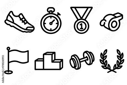 Sports Icons Collection. Sports Competition linear icon set: running shoe, stopwatch, medal, whistle, flag, podium, dumbbell, laurel wreath.