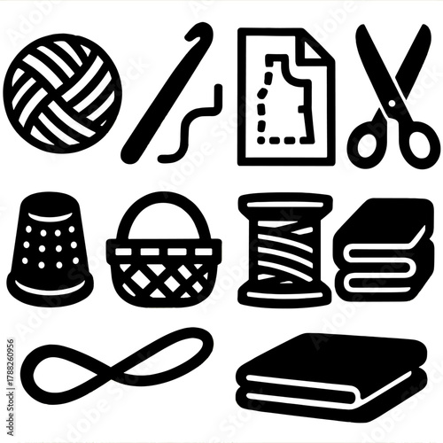 Bold Yarn Craft Icons. Creative Yarn Craft Collection silhouette icon set: yarn ball, crochet hook, pattern paper, scissors, thimble, basket, thread, folded fabric.