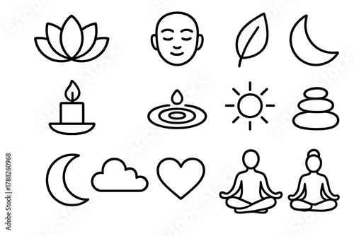 Tranquility Icons Collection. Serenity linear icon set: lotus flower, calm face, leaf, candle, water ripple, sun, moon, cloud, stone stack, flower, heart, yoga pose.
