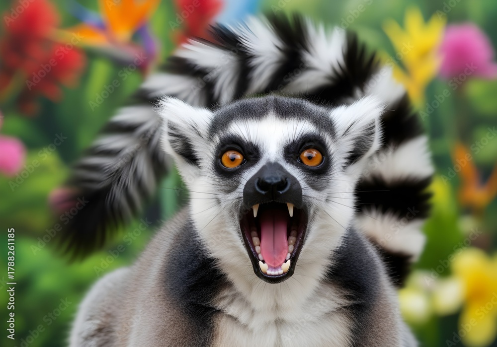 Fototapeta premium Cute portrait of a wild ring-tailed lemur, Lemur catta, with black and white tail in Madagascar nature looking at the viewer
