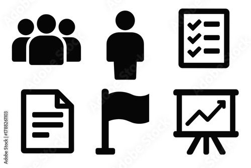 Brutalist Team Icon Set. Team authority silhouette icon set: group of people, leader figure, checklist, document, flag, chart board.