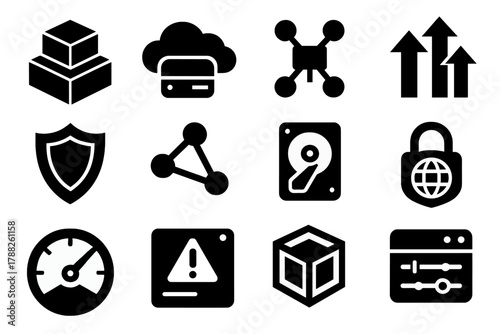 Resource Elasticity Icons. Resource Elasticity silhouette icon set: layered cubes, cloud server, data flow, upward arrows, shield emblem, network lines, storage drive, secure