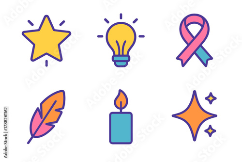 Colorful Manifestation Icons. Manifestation Icons flat icons: Star, Light, Ribbon, Feather, Candle, Sparkle.