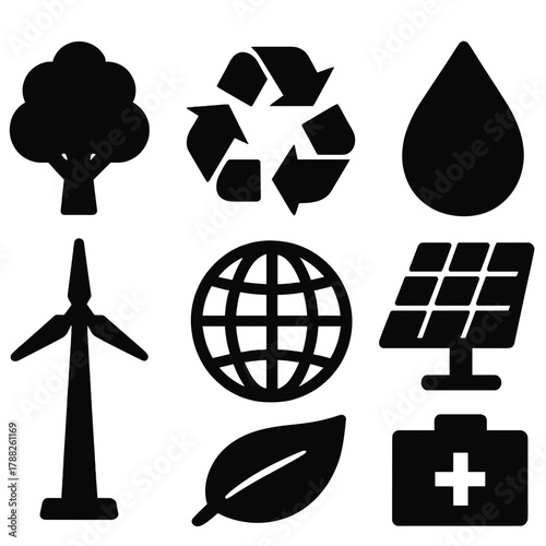 Bold Eco Icons. Environmental Awareness silhouette icon set: tree, recycle symbol, water droplet, solar panel, wind turbine, globe, leaf, battery.