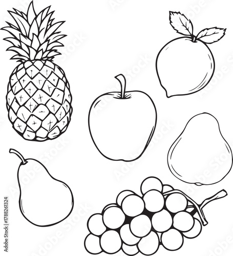 Set of six fruit illustrations including pineapple, peach, apple, pears, and grapes in black and white style