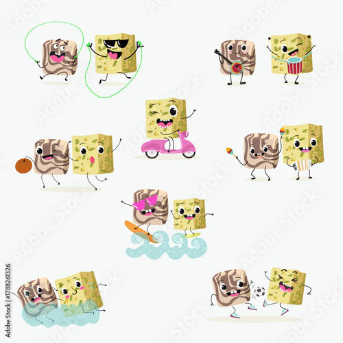 Funny Characters Turkish Halva confection, cubes with pistachio nut, layered chocolate tahini oriental dessert, hand drawn vector illustration.