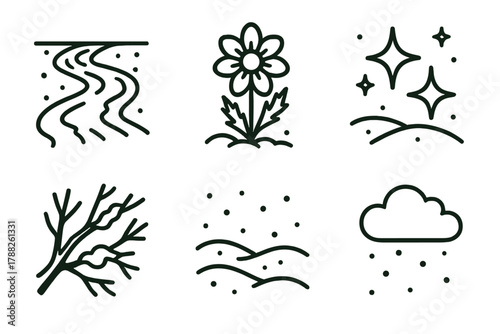 Frozen Nature Icons. Nature Frost linear icon set: frozen river, icy flower, sparkling snow, tree branch, white meadow, soft sky.
