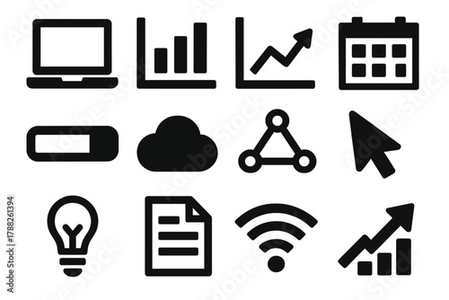 Digital Progress Icons. Digital Progress silhouette icon set: laptop, bar chart, line graph, calendar, progress bar, cloud, data nodes, cursor, light bulb, document page, wifi