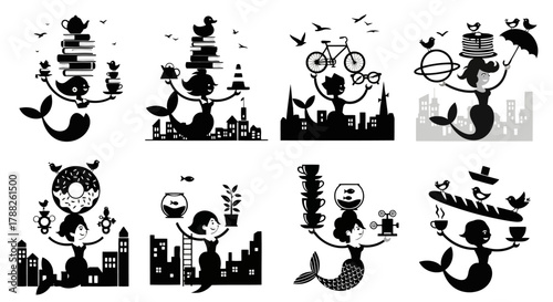A collection of mermaid illustrations depicting them in urban settings holding or balancing various objects like books coffee cups and city elements