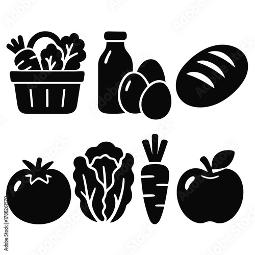 Farm Fresh Icons. Farm Fresh Essentials silhouette icon set: basket of vegetables, milk bottle, eggs, bread loaf, tomato, lettuce, carrot, apple.