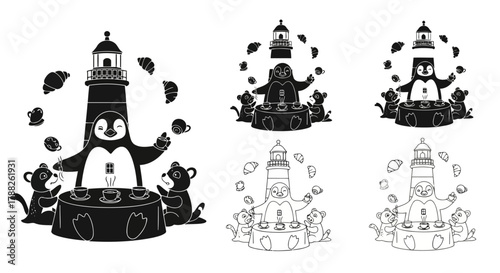 Penguin dressed as lighthouse hosting tea party for small seals, black and white line art illustration, charming coastal gathering with baked goods