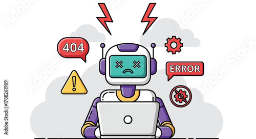 Vector illustration of robot with laptop showing error messages and 404 symbol