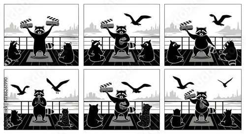 A set of six vector illustrations showing raccoons doing yoga or meditation on a ship deck with a city skyline and seagulls in the background