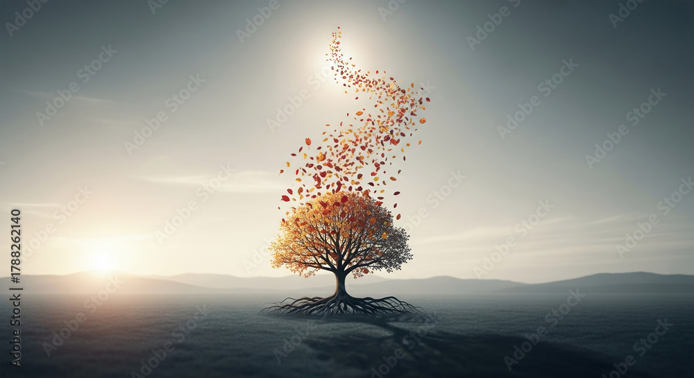 Fototapeta premium A lone tree with orange leaves shedding upwards into the light on a desolate landscape, symbolizing transition, growth, and cyclical change in nature