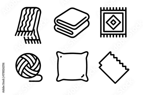 Cozy Fabric Icons. Cozy Fabrics linear icon set: knitted scarf, fleece throw, rug, yarn ball, cushion cover, swatch.