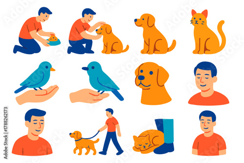 Pet Interaction Icons. Bond of Trust modern flat icons set: owner feeding pet, gentle pat on head, eye contact with dog, cat sitting calmly, bird resting on finger, loyal gaze,