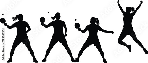 Table tennis silhouette, ping pong action, sports pose, celebration gesture, cad drawing flat vector illustration