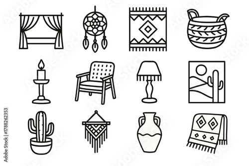 Boho Home Essentials. Boho Chic Icons linear icon set: canopy bed, dreamcatcher, patterned rug, woven basket, candle holder, chair, lamp, wall art, potted cactus, macrame, vase,