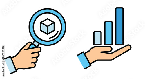 Vector illustration of hand holding magnifying glass over cube and hand holding bar chart
