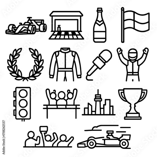 Grand Prix Icon Set. Grand Prix Spirit linear icon set: formula car, pit lane, champagne bottle, national flag, victory wreath, race suit, media microphone, victory pose, trophy