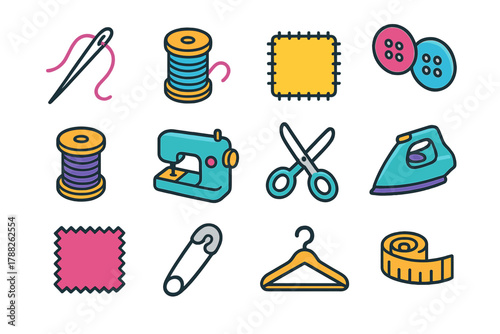 Clothing Repair Icons. Clothing Repair Icons modern flat icons set: needle, thread, patch, buttons, spool, sewing machine, scissors, iron, fabric swatch, safety pin, hanger, tape