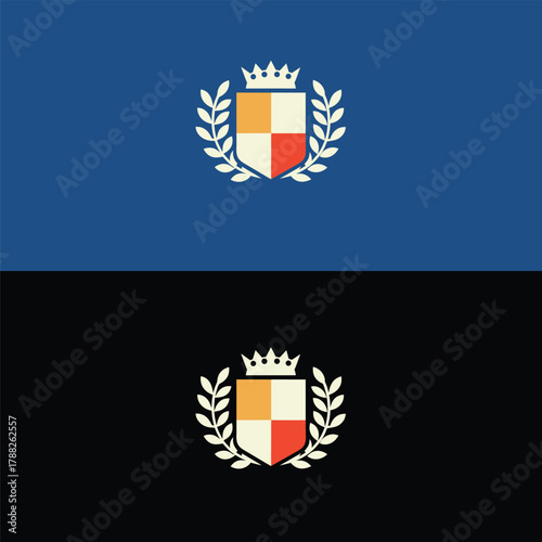 Elegant heraldic shield emblem featuring a crown and laurel wreath, harmonizing cream and red tones, displayed on a deep blue and a contrasting black setting for diverse applications