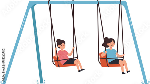 Two children swinging together on playground swing set, happy kids outdoor activity, fun childhood moment, summer recreation illustration