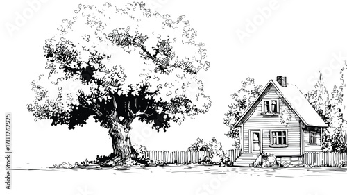 Beautiful Vector Drawing of House with Tree, Perfect for Architectural Designs and Nature Themes