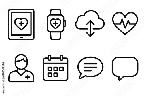 Digital Health Interface. Connected Care linear icon set: tablet, health app, smartwatch, cloud sync, heart monitor, caregiver icon, calendar, chat bubble.