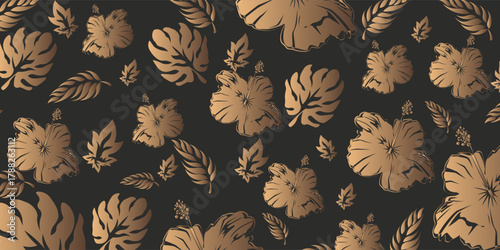 Vector luxury wallpaper design with gold leaf and gray background. Gold line art design for interior, background prints and textures, editable vector illustration