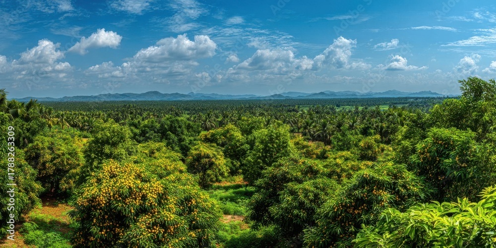 Obraz premium Beautiful panoramic view of a lush green jungle under a blue sky.