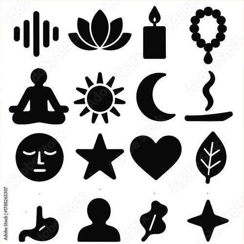 Vibrational Healing Icons. Vibrational Healing silhouette icon set: sound wave, lotus flower, candle, prayer beads, meditation pose, sun, moon, incense smoke, calm face, star,