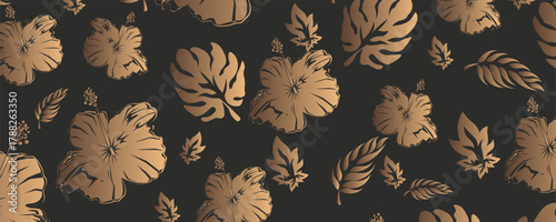 Vector luxury wallpaper design with gold leaf and gray background. Gold line art design for interior, background prints and textures, editable vector illustration