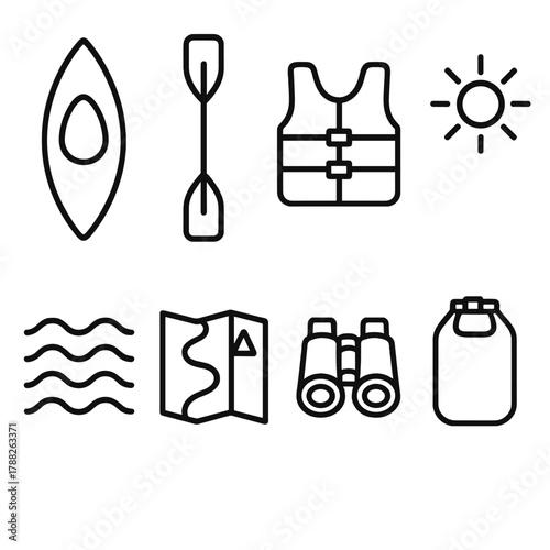 River Adventure Icons. River Paddling linear icon set: kayak, paddle, life vest, current waves, map, binoculars, dry bag, sun.