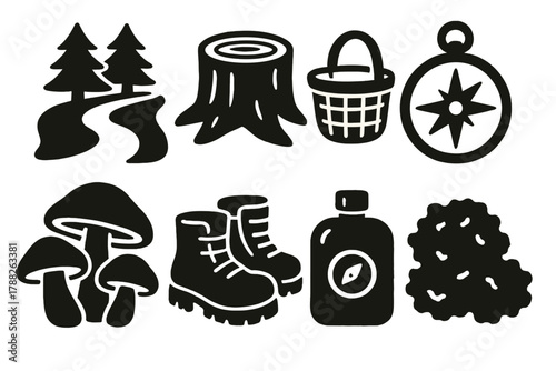 Brutalist Woodland Icons. Woodland Exploration silhouette icon set: forest path, tree stump, basket, compass, mushroom cluster, walking boots, flask, moss.