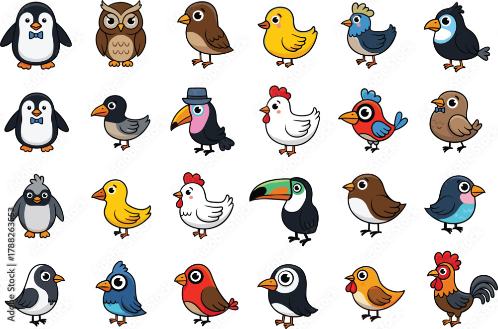 Fototapeta premium Cartoon birds illustration, colorful characters, penguin, owl, toucan, chicken, accessories, hats, bow ties, playful expressions, vector design, animal grid, educational set