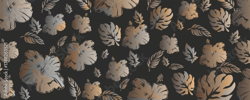 Vector luxury wallpaper design with gold leaf and gray background. Gold line art design for interior, background prints and textures, editable vector illustration