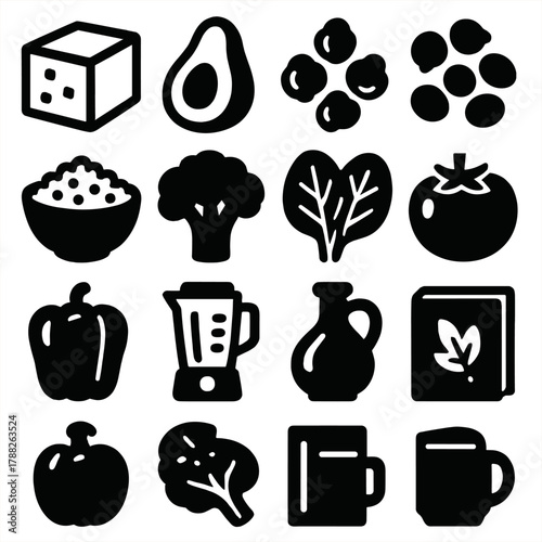 Plant-Based Icon Set. Plant-based cooking silhouette icon set: tofu block, avocado, chickpeas, lentils, quinoa bowl, broccoli, spinach, tomato, bell pepper, blender, olive oil,
