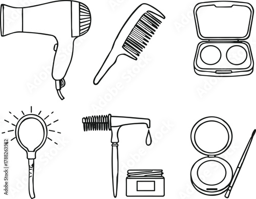 Beauty tool icons, hairdryer, comb, compact powder, mirror, dye brush, makeup accessories, personal care vector set illustration